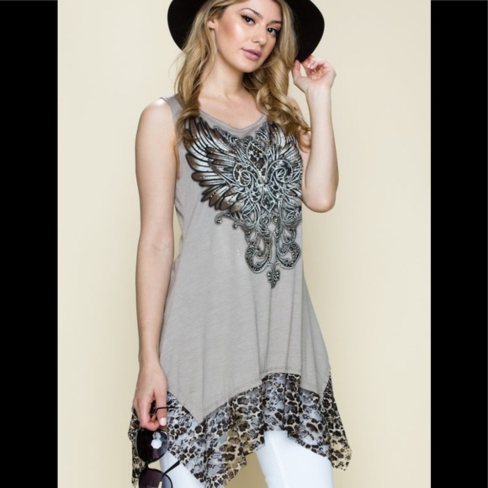 Vocal Leopard Lace Hem Tunic Top, Medium